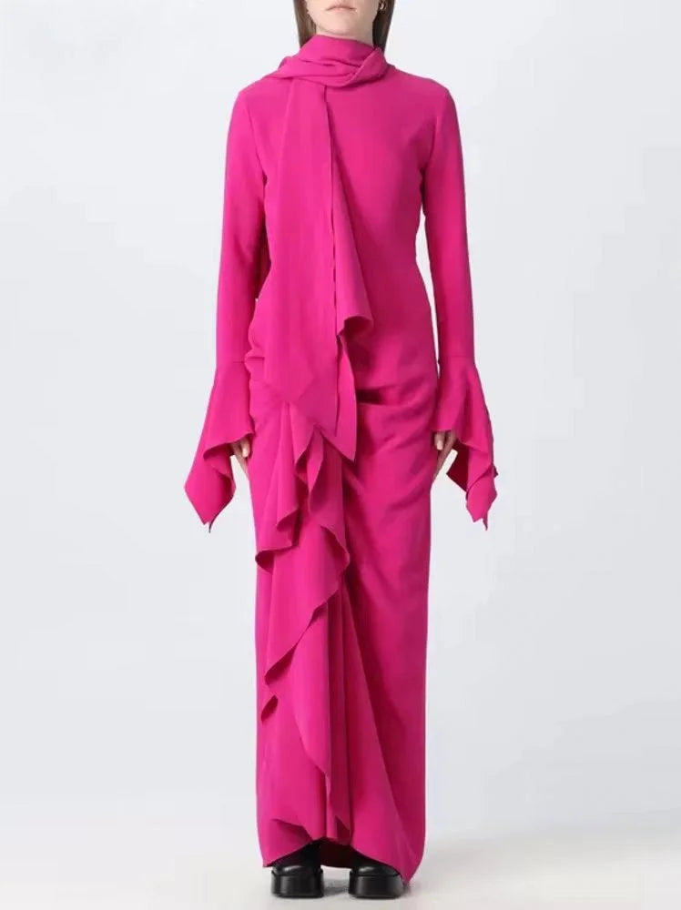 Women's Occasion Wear Clothing Runway Inspired Wear Draped Ruffled Crepe Scarf Maxi Dress in Pink Women's Occasion Wear Clothing Runway Inspired Wear Draped Ruffled Crepe Scarf Maxi Dress in Pink