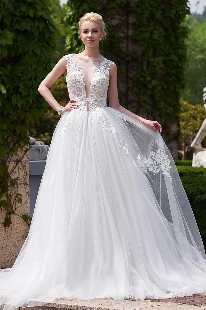 Women's Casual Wear Outfit Seasonal Fashion New Style A-line Scoop Neck Tulle Appliques Lace Court Train Backless Wedding Dress Women's Casual Wear Outfit Seasonal Fashion New Style A-line Scoop Neck Tulle Appliques Lace Court Train Backless Wedding Dress