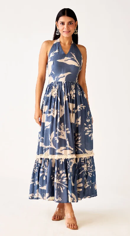Women's Attire Vintage Look Blue Muslin Floral Long Dress