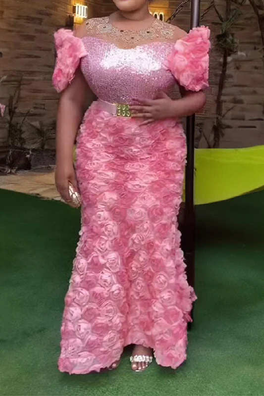 Women's Stylish Professional Garments Flowy Fabric Patchwork 3D Rose Embroidery Design Glamorous Belted Maxi Dress Women's Stylish Professional Garments Flowy Fabric Patchwork 3D Rose Embroidery Design Glamorous Belted Maxi Dress