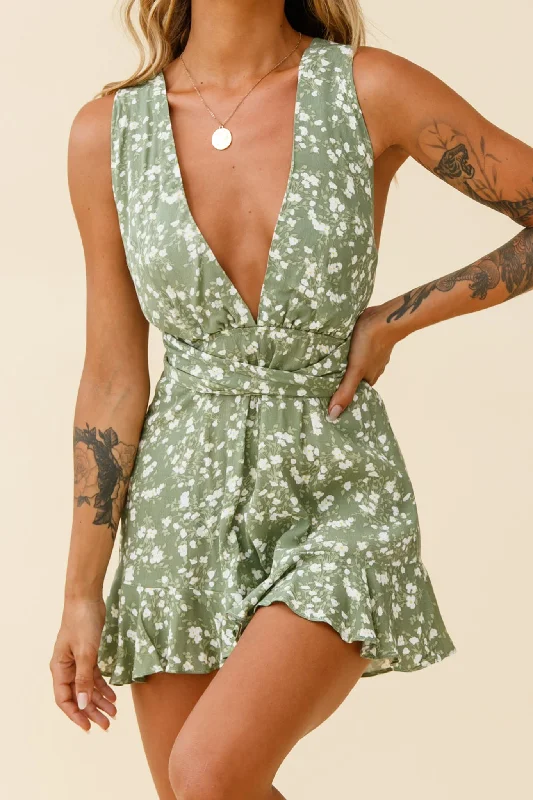 Women's Contemporary Clothing Formal Outfit Playa Vista Halterneck Frill Hem Romper Floral Print Olive Women's Contemporary Clothing Formal Outfit Playa Vista Halterneck Frill Hem Romper Floral Print Olive