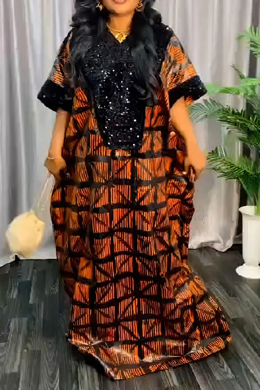 Women's Clothing For Special Occasions Day-To-Night Styles Graphic Print Sequined Patchwork Glittery V Neck Maxi Dress