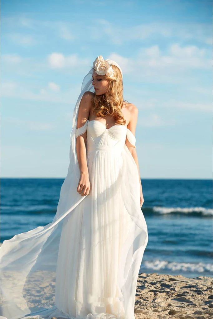 Women's High-Fashion Outfit Season Sale Off-the-Shoulder Empire Pleated White Sweetheart Backless Chiffon Beach Wedding Dress Women's High-Fashion Outfit Season Sale Off-the-Shoulder Empire Pleated White Sweetheart Backless Chiffon Beach Wedding Dress