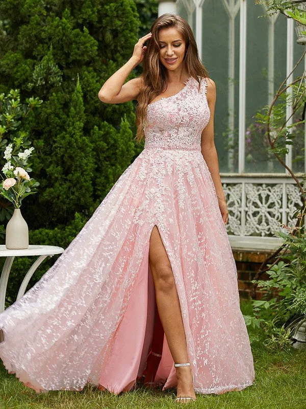 Women's Functional Outdoor Garments Budget Friendly A-Line/Princess Lace Ruffles One-Shoulder Sleeveless Sweep/Brush Train Dresses Women's Functional Outdoor Garments Budget Friendly A-Line/Princess Lace Ruffles One-Shoulder Sleeveless Sweep/Brush Train Dresses