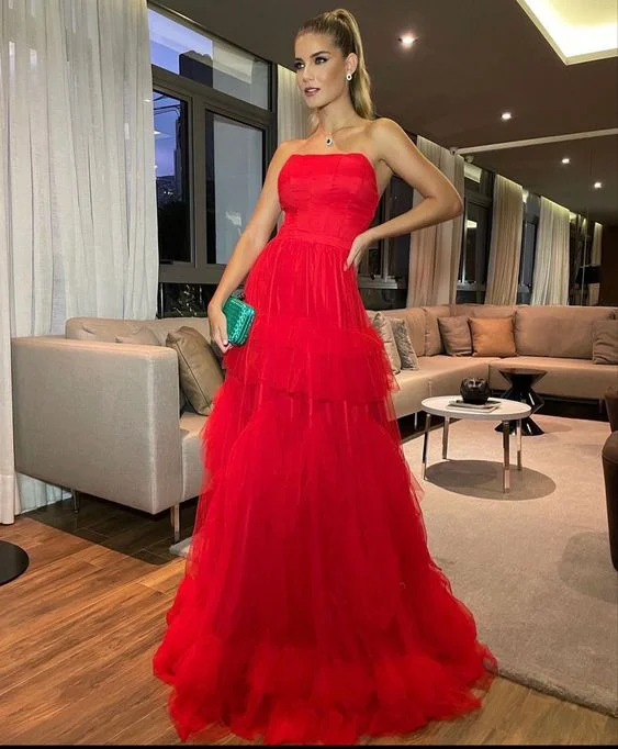 Women's Formal Event Clothing Minimalist Chic Charming Red Tulle Long Evening Dress Sleeveless Formal Prom Dress S3798 Women's Formal Event Clothing Minimalist Chic Charming Red Tulle Long Evening Dress Sleeveless Formal Prom Dress S3798