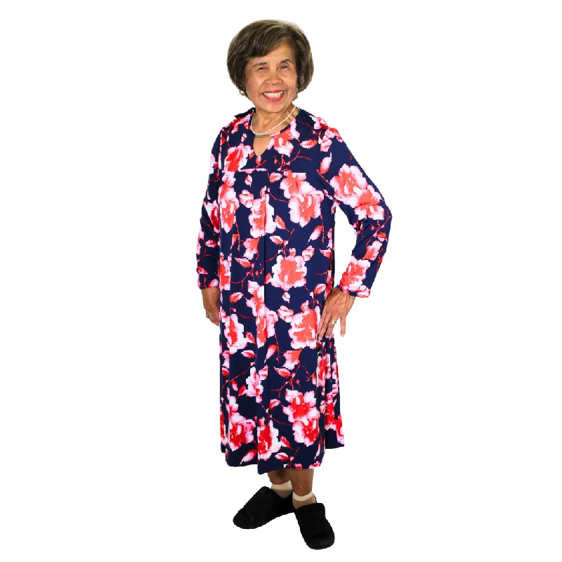 Women's Cozy Outfit For Lounging Premium Fashion Adaptive Dress with Front Pleats - Pink Floral Women's Cozy Outfit For Lounging Premium Fashion Adaptive Dress with Front Pleats - Pink Floral