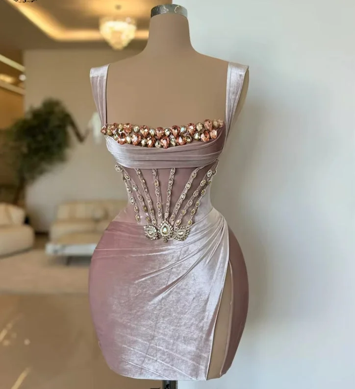 Women's Outerwear Attire Elegant Style Velvet Pink Rhinestones Corset Short Cocktail Dress Spaghetti Straps Sleeveless Crystal Mini Prom Birthday Party Homecoming Robe Women's Outerwear Attire Elegant Style Velvet Pink Rhinestones Corset Short Cocktail Dress Spaghetti Straps Sleeveless Crystal Mini Prom Birthday Party Homecoming Robe