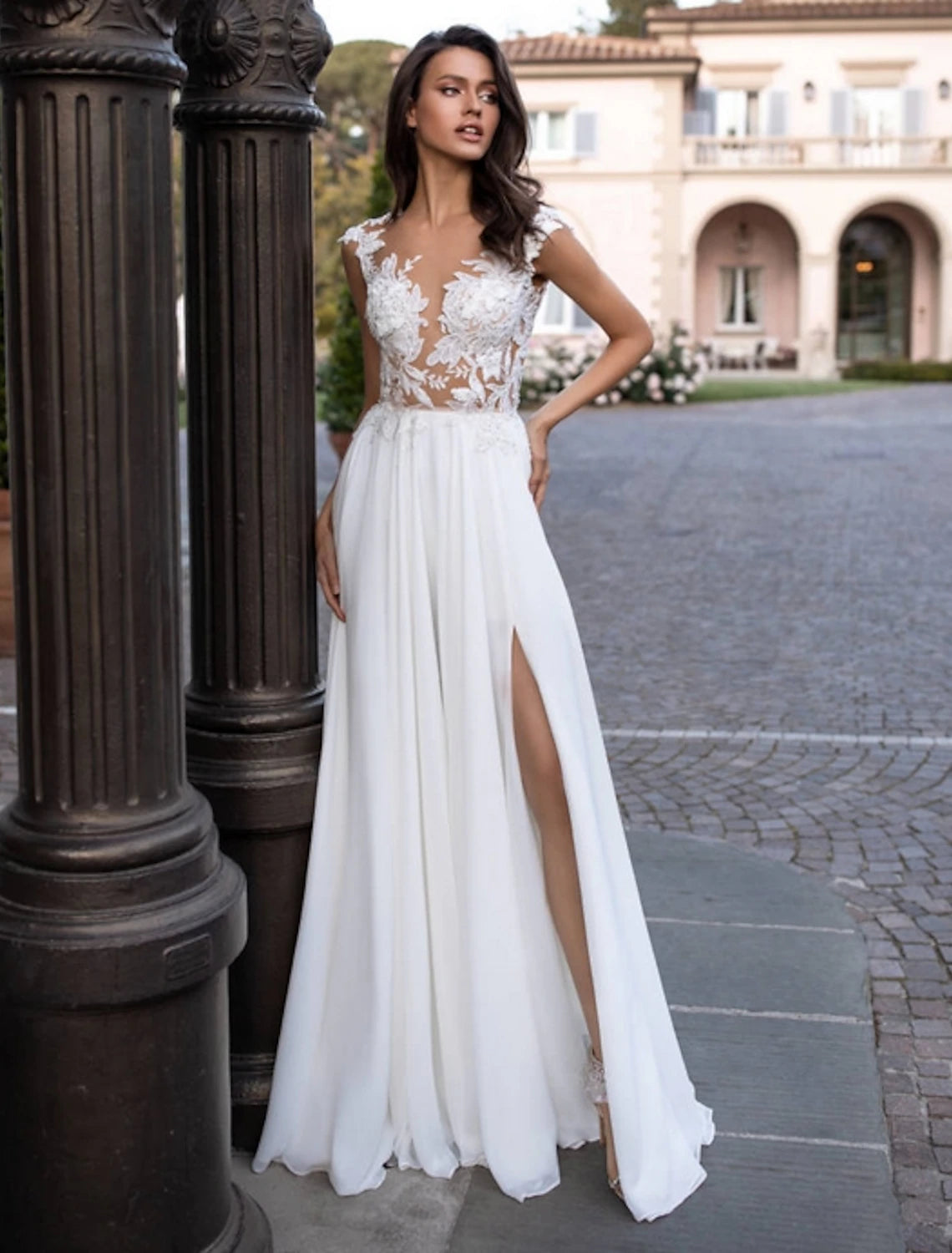 Affordable Women's Apparel Vibrant Femme Fashion Beach Open Back Wedding Dresses A-Line Illusion Neck Cap Sleeve Sweep / Brush Train Chiffon Bridal Gowns With Appliques Split Front Summer Wedding Party, Women's Clothing Affordable Women's Apparel Vibrant Femme Fashion Beach Open Back Wedding Dresses A-Line Illusion Neck Cap Sleeve Sweep / Brush Train Chiffon Bridal Gowns With Appliques Split Front Summer Wedding Party, Women's Clothing