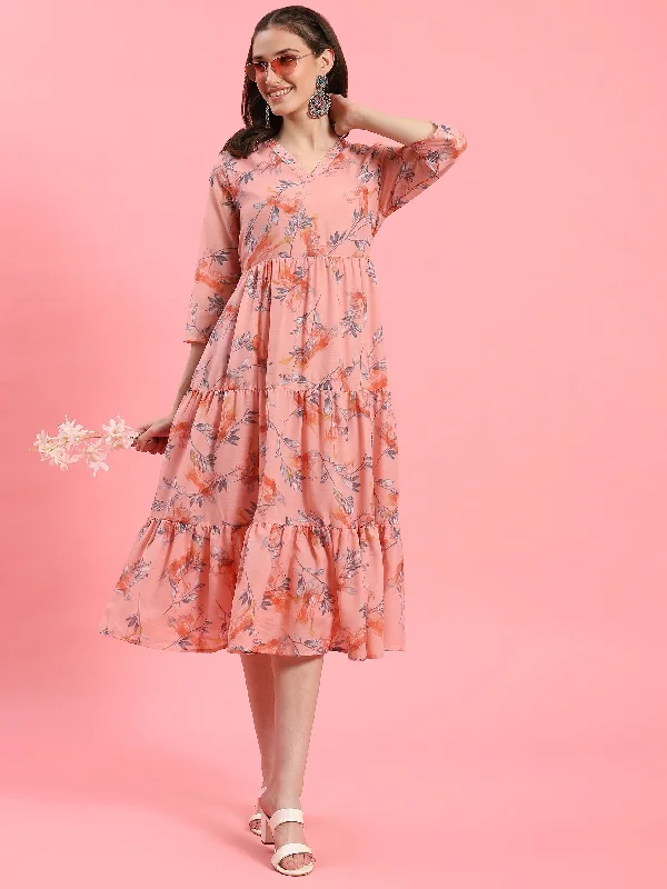 Women's Transitional Outfit Boutique Styles Women Peach Floral Printed Dress