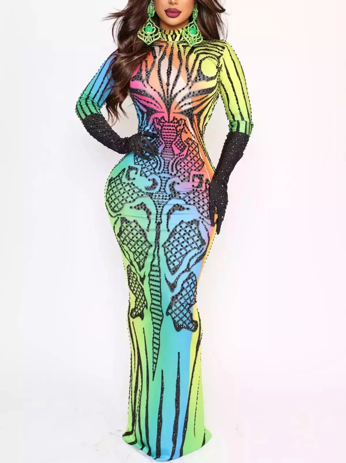 Women's Functional Outfit For Outdoor Activities Elegant Style Rainbow Tribal Print Studded Stretch Maxi Dress Women's Functional Outfit For Outdoor Activities Elegant Style Rainbow Tribal Print Studded Stretch Maxi Dress