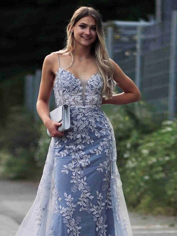 Comfortable Women's Clothing Flowing Silhouette Sheath/Column Tulle Applique V-neck Sleeveless Sweep/Brush Train Dresses Comfortable Women's Clothing Flowing Silhouette Sheath/Column Tulle Applique V-neck Sleeveless Sweep/Brush Train Dresses
