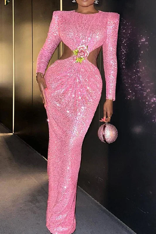 Women's Versatile Apparel Final Clearance Sequined Glamorous Cutout Waist 3D Flower Buckle Maxi Dress