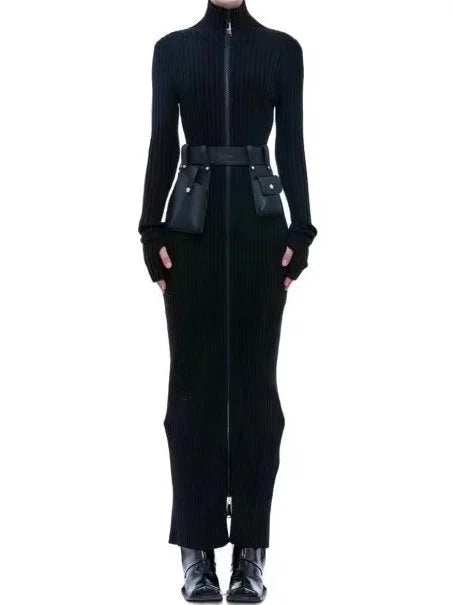 Women's Trendy Attire Chic & Cozy Apparel Belted Zip Knit High-Neck Maxi Dress