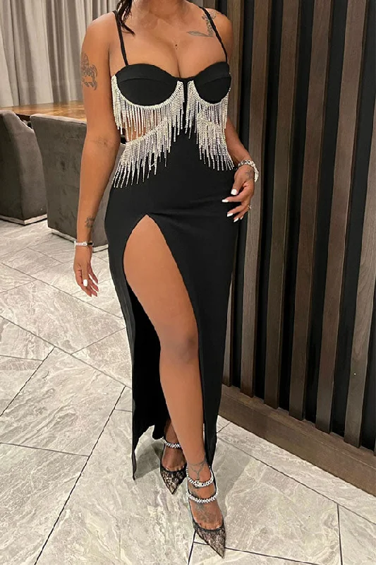 Women's Work Outfit Quick Grab Deals Patchwork Rhinestone Tassel Cutout Glamorous High Split Maxi Dress Women's Work Outfit Quick Grab Deals Patchwork Rhinestone Tassel Cutout Glamorous High Split Maxi Dress