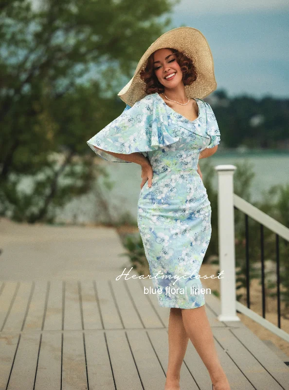 Women's Stylish Professional Apparel Fashion Deal Sandra - blue floral linen 1950s pencil dress with matching cape Women's Stylish Professional Apparel Fashion Deal Sandra - blue floral linen 1950s pencil dress with matching cape