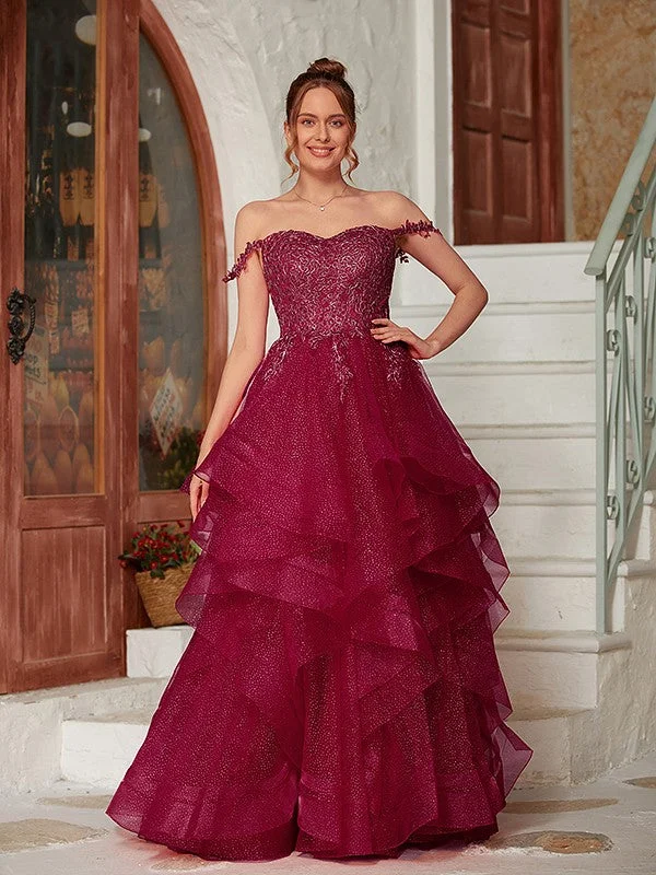 Women's Chic Outerwear Attire Spring Fashion A-Line/Princess Applique Off-the-Shoulder Sleeveless Floor-Length Dresses
