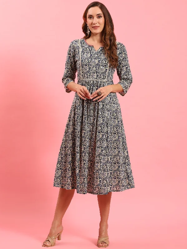 Women's Tailored Outfit Chic Outfits Women Blue Floral Printed Dress