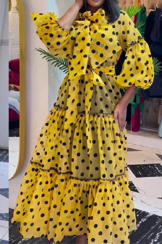 Women's Travel Garments Refined Look Polka Dot Pussy Bow Cute Belted Tiered Maxi Dress Women's Travel Garments Refined Look Polka Dot Pussy Bow Cute Belted Tiered Maxi Dress