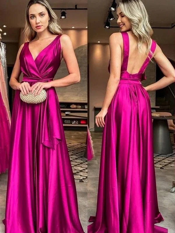 Women's Trendy Clothes Popular Collection A-Line/Princess Elastic Woven Satin Ruffles V-neck Sleeveless Sweep/Brush Train Dresses Women's Trendy Clothes Popular Collection A-Line/Princess Elastic Woven Satin Ruffles V-neck Sleeveless Sweep/Brush Train Dresses
