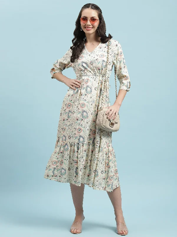 Fashionable Women's Outfit Everyday Wear Women Off White Floral Printed Dress