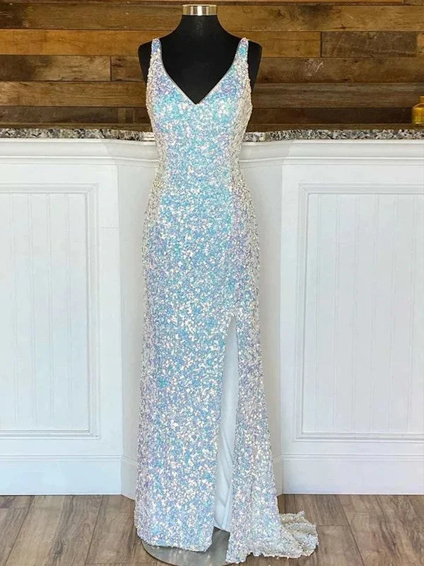 Women's Holiday Clothes Unbeatable Deals Sheath/Column Velvet Sequins V-neck Sleeveless Sweep/Brush Train Dresses