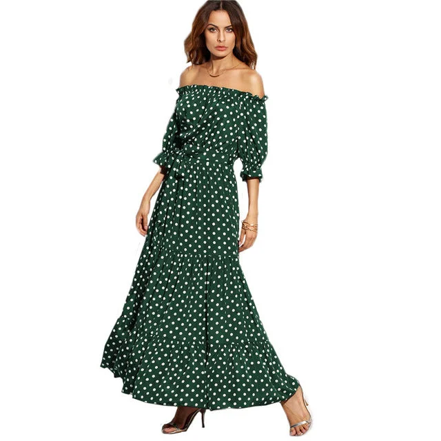 Affordable Fashion Clothing For Women Casual Chic Polka Dot Bardot Neckline Tie Waist Dress Off the Shoulder Three Quarter Length Sleeve A Line Belted Maxi Dress Affordable Fashion Clothing For Women Casual Chic Polka Dot Bardot Neckline Tie Waist Dress Off the Shoulder Three Quarter Length Sleeve A Line Belted Maxi Dress