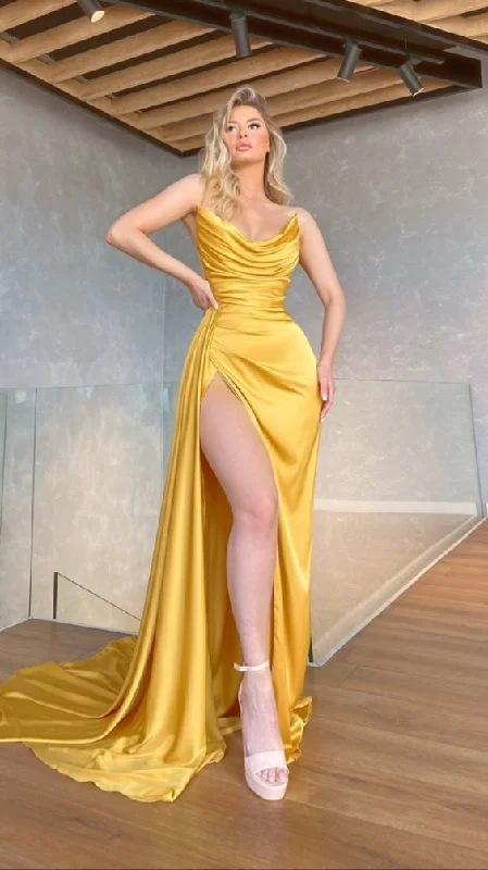 Sustainable Women's Clothing Elegant Details Charming Yellow Long Evening Dress Sleeveless Formal Prom Dress S3802 Sustainable Women's Clothing Elegant Details Charming Yellow Long Evening Dress Sleeveless Formal Prom Dress S3802