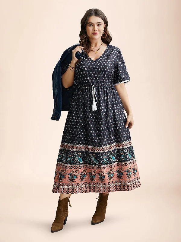 Women's Festive Attire Spring Fashion Boho Print Tassel-Tie Pockets Midi Dress