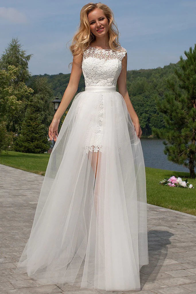 Formal Clothing For Women Hollywood Glam Award - Show Style Sheath Scoop Neck Ivory Lace Tulle Detachable Ruffles Open Back Wedding Dresses Formal Clothing For Women Hollywood Glam Award - Show Style Sheath Scoop Neck Ivory Lace Tulle Detachable Ruffles Open Back Wedding Dresses