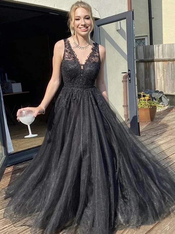 Women's Elegant Evening Outfit Limited - Edition Drops A-Line/Princess Tulle Applique V-neck Sleeveless Sweep/Brush Train Dresses Women's Elegant Evening Outfit Limited - Edition Drops A-Line/Princess Tulle Applique V-neck Sleeveless Sweep/Brush Train Dresses
