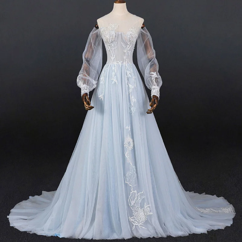 Women's Stylish Professional Garments Fashion Essentials Dreamy Light Blue Wedding Dress with Long and Off the Sleeve Women's Stylish Professional Garments Fashion Essentials Dreamy Light Blue Wedding Dress with Long and Off the Sleeve