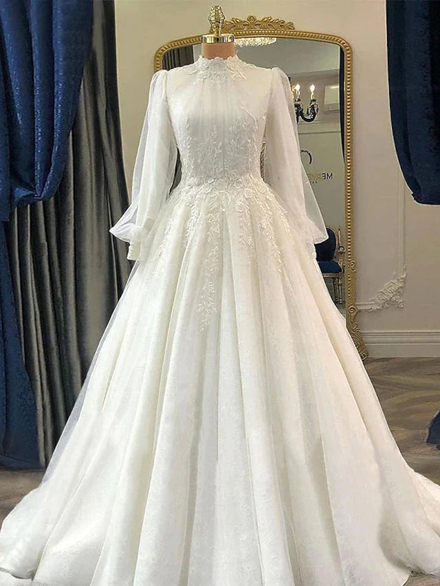 Women's Clothes For Work Events Subtle Sophistication Engagement Vintage 1940s / 1950s Formal Wedding Dresses Court Train Ball Gown Long Sleeve High Neck Lace With Pleats Appliques Women's Clothes For Work Events Subtle Sophistication Engagement Vintage 1940s / 1950s Formal Wedding Dresses Court Train Ball Gown Long Sleeve High Neck Lace With Pleats Appliques
