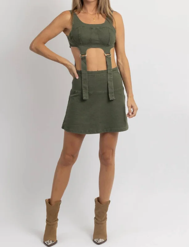 Women's Casual Clothing For Lounging Seasonal Trends Front Buckle Denim Mini Dress In Rebel Olive Women's Casual Clothing For Lounging Seasonal Trends Front Buckle Denim Mini Dress In Rebel Olive