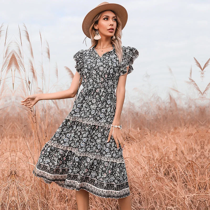 Formal Outfit For Women Unbeatable Prices IKEARLAX 2023 cross-border ethnic style floral dress summer v-neck horn sleeve dress Formal Outfit For Women Unbeatable Prices IKEARLAX 2023 cross-border ethnic style floral dress summer v-neck horn sleeve dress