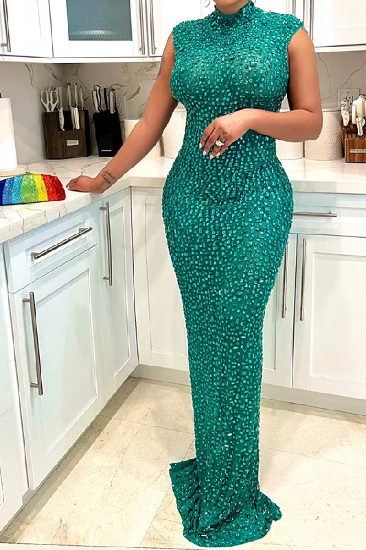 Women's Comfortable Apparel Chic Allure Crystal Glitter Glistening See-Through Maxi Dress Women's Comfortable Apparel Chic Allure Crystal Glitter Glistening See-Through Maxi Dress