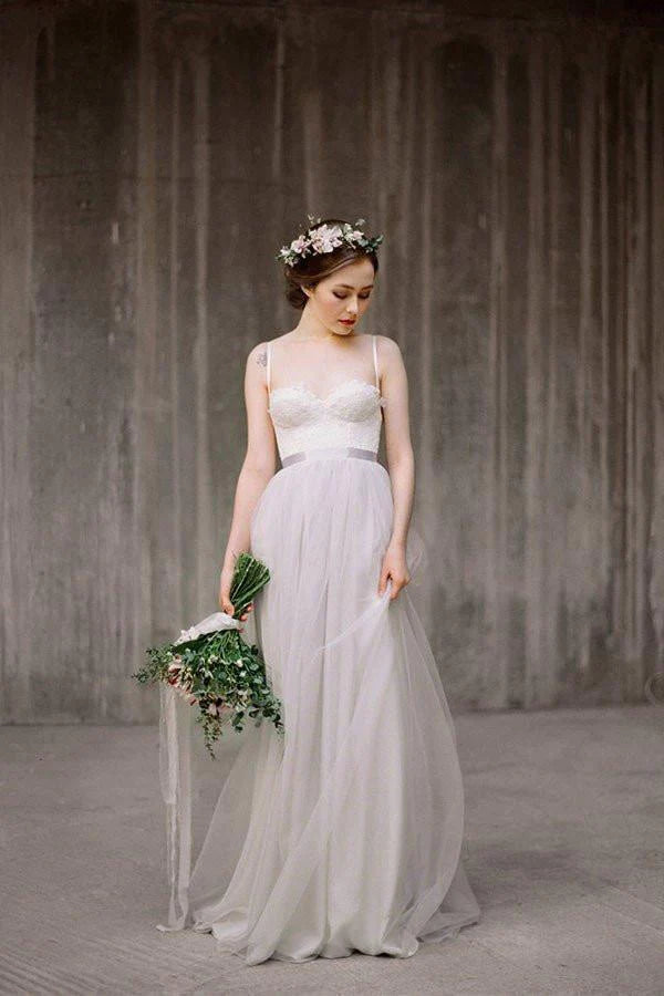 Sustainable Fashion Clothing For Women Fashion Sale Spaghetti Straps Lace Top Light Grey A-line Tulle Simple Design Beach Wedding Dresses Sustainable Fashion Clothing For Women Fashion Sale Spaghetti Straps Lace Top Light Grey A-line Tulle Simple Design Beach Wedding Dresses