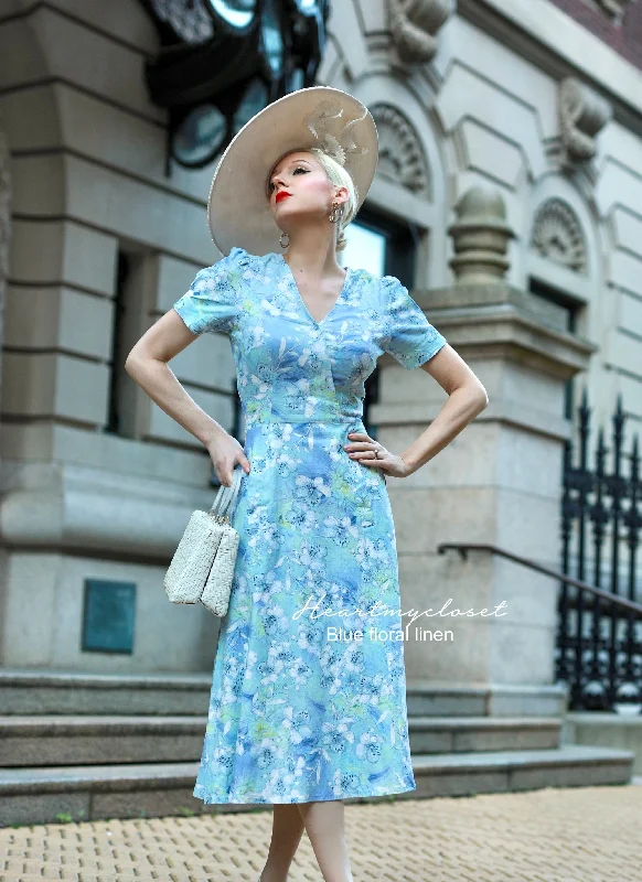 Women's Versatile Apparel Elegant Style Blue floral linen casual Aline dress