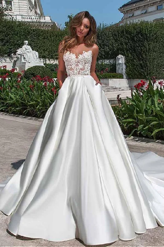 Casual Attire For Women Trending Items Satin Neckline A-line Open Back Lace Wedding Dress With Pockets Lace Appliques Casual Attire For Women Trending Items Satin Neckline A-line Open Back Lace Wedding Dress With Pockets Lace Appliques