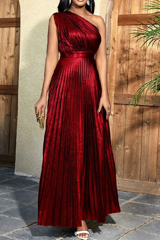 Women's Outerwear Attire Elegant Styles Metallic Romantic One Shoulder Pleated Maxi Dress Women's Outerwear Attire Elegant Styles Metallic Romantic One Shoulder Pleated Maxi Dress