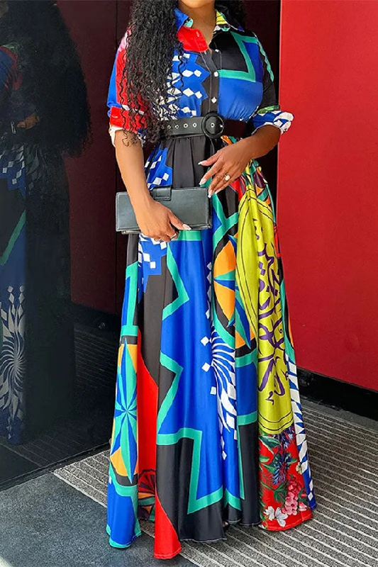 Comfortable Garments For Women Floral Style Geometric Print Colorful Shirt Collar Belted Maxi Dress Comfortable Garments For Women Floral Style Geometric Print Colorful Shirt Collar Belted Maxi Dress