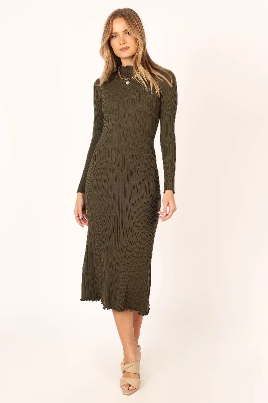 Women's Clothing And Garments Sets Comfort Centric Apparel Theo Long Sleeve Midi Dress - Khaki