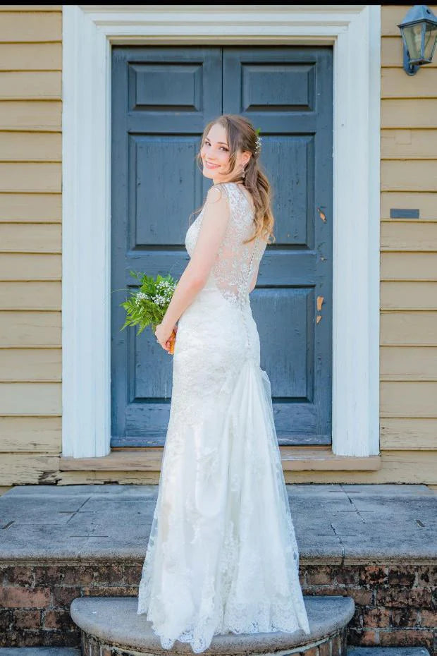 Classic Women's Clothing Styles Limited Quantities Simple Mermaid Lace Appliques Ivory Cap Sleeves Button Long V Neck Wedding Dresses Classic Women's Clothing Styles Limited Quantities Simple Mermaid Lace Appliques Ivory Cap Sleeves Button Long V Neck Wedding Dresses