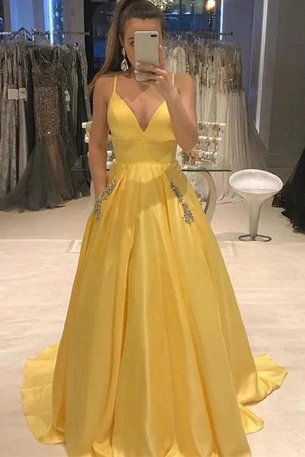 Chic Women's Garments Last Chance Sale Elegant Yellow Spaghetti Straps A Line Satin V Neck Prom Dresses With Beads Pockets Chic Women's Garments Last Chance Sale Elegant Yellow Spaghetti Straps A Line Satin V Neck Prom Dresses With Beads Pockets