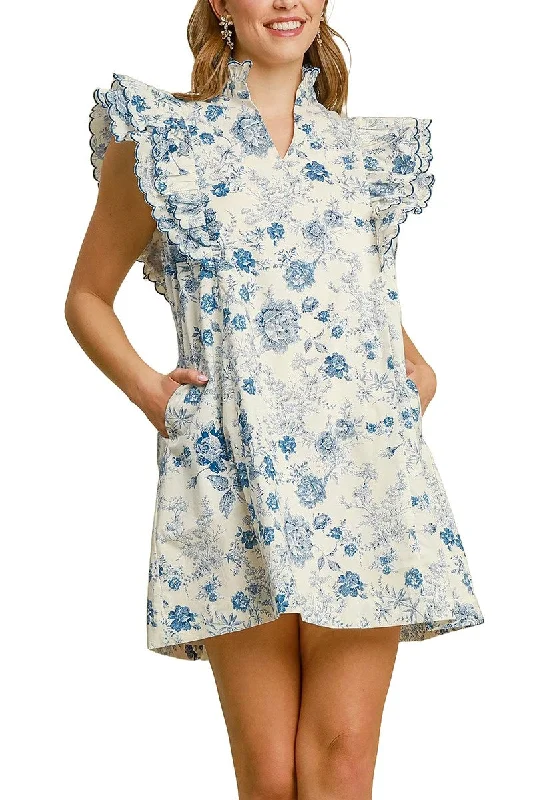 Women's High-Fashion Clothes Stylish Looks Blue Floral Bridges Dress