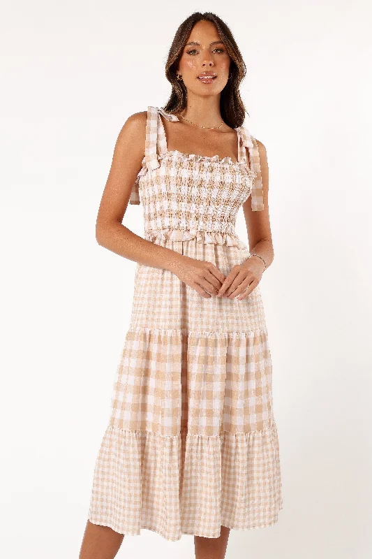 Women's Comfortable Lounge Attire Trendy Threads Rach Midi Dress - Beige Check