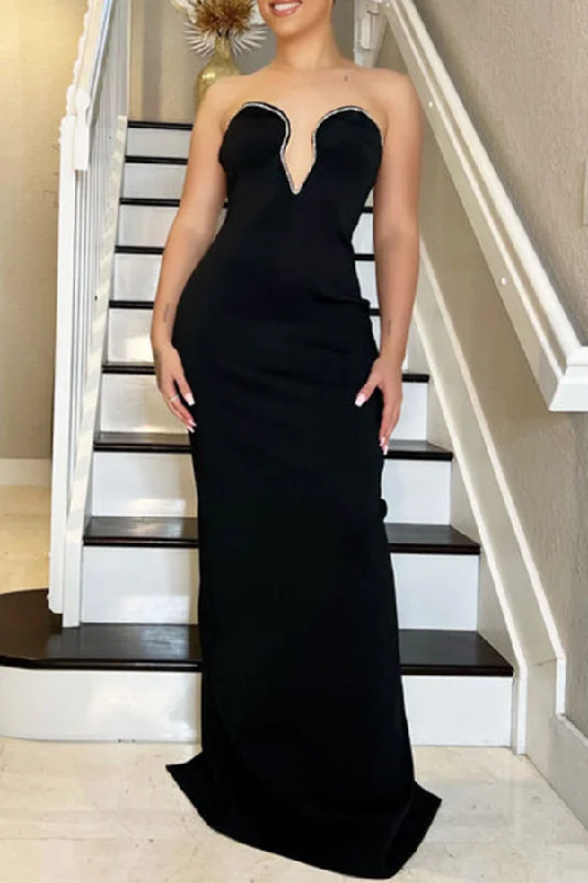Women's Trendy Apparel Elevated Style Rhinestone Trim Simple Bandeau Maxi Dress
