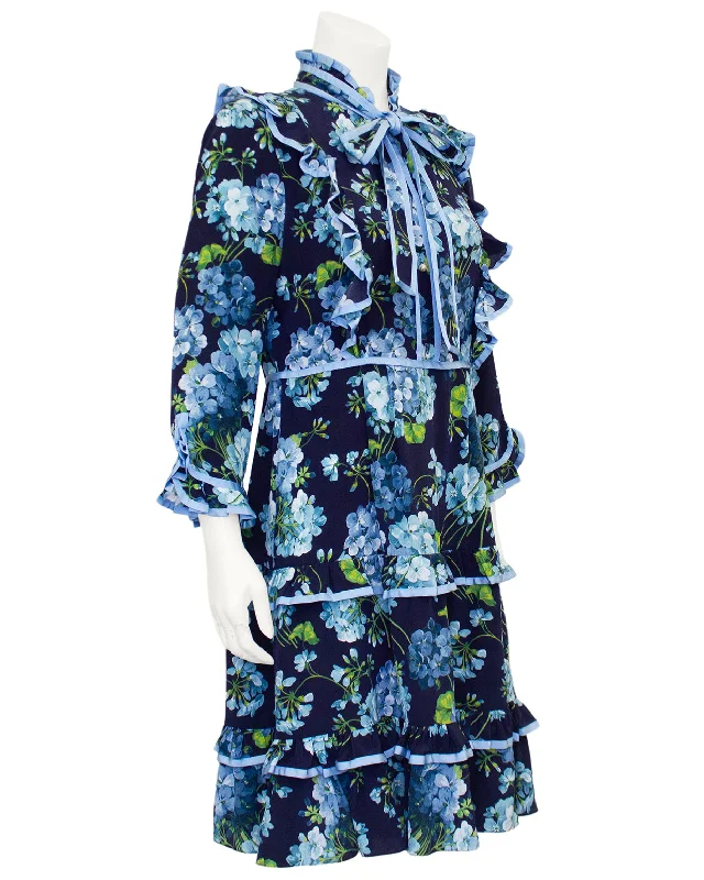 Stylish Women's Attire Feminine Elegant Blue Alessandro Michele Floral Silk Dress