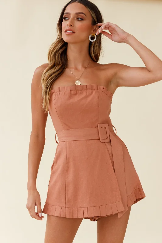 Women's Casual Outfit Statement Piece Elodie Pleat Trim Belted Skort Romper Tan