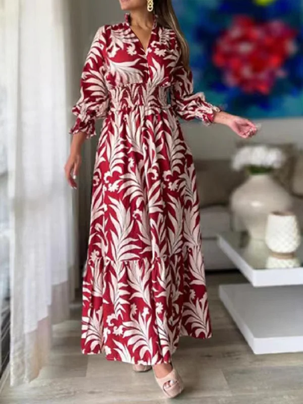 Women's Travel Attire Save Big Printed Flounce Sleeve Maxi Dress