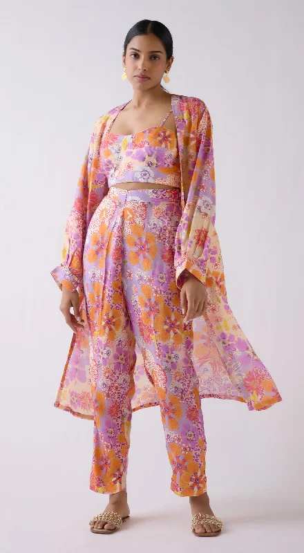 Women's Outerwear Attire Luxury Style Lilac Muslin Floral Cape Set